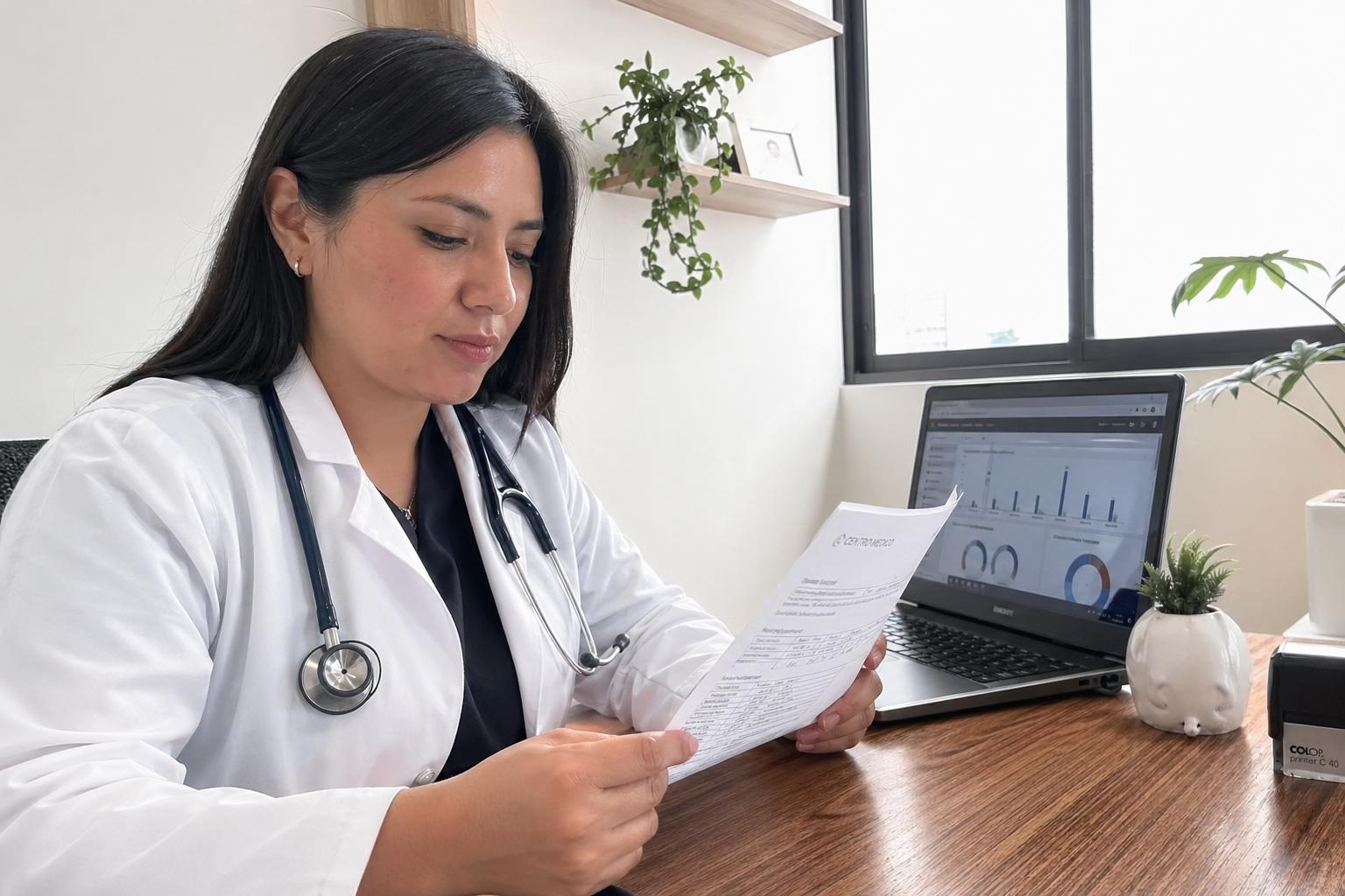 Médica revisando un documento clínico en su consultorio